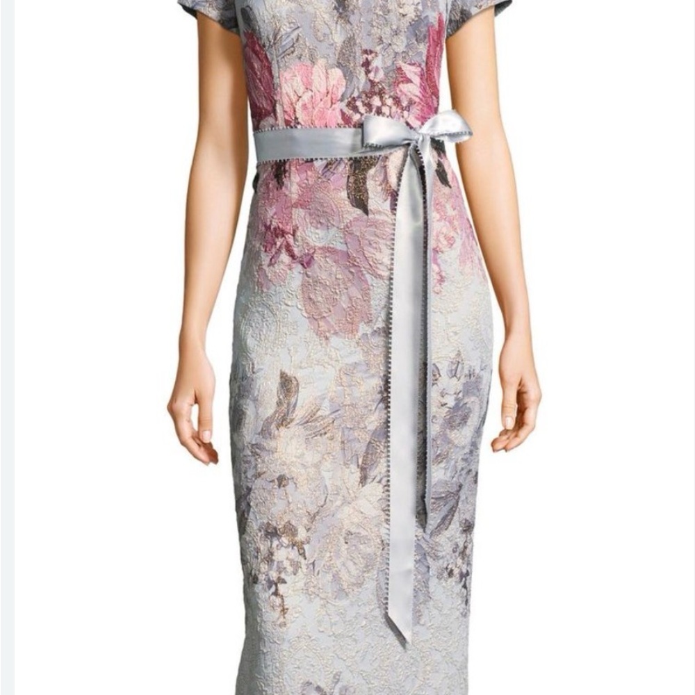 Adrianna Papell Floral Lace Midi Dress in Pink and Gray